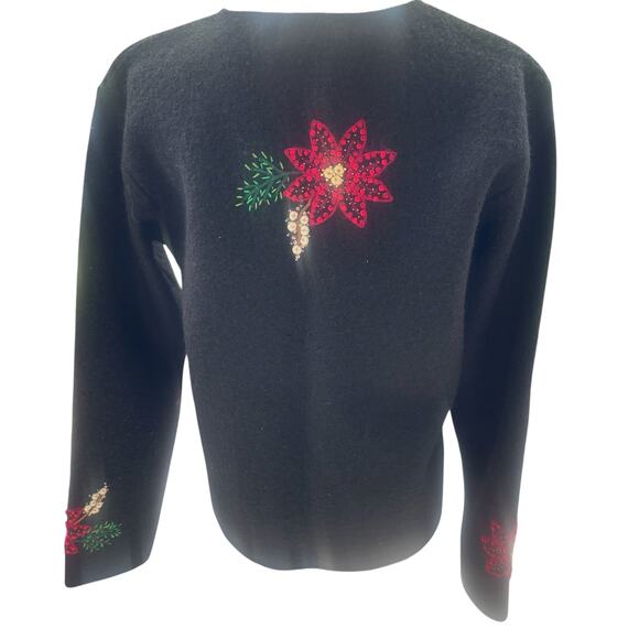 Coldwater Creek 100% Boiled Wool Christmas Embroidered Poinsettia Cardigan Sz M - Picture 3 of 5